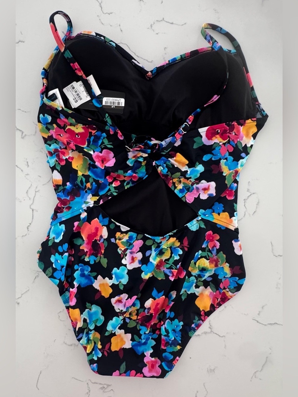 Aqua Green One Piece Swimsuit XL NWT Black Floral UPF 50 Cutout Wrap Swim - Picture 3 of 9